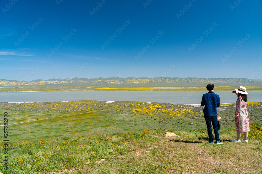 Couple taking photos at the Carrizo Plain during the wildflower superbloom