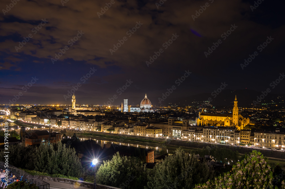 Panorama of Florence with Duomo Santa Maria Del Fiore, tower of Palazzo Vecchio at night in Florence, Tuscany, Italy