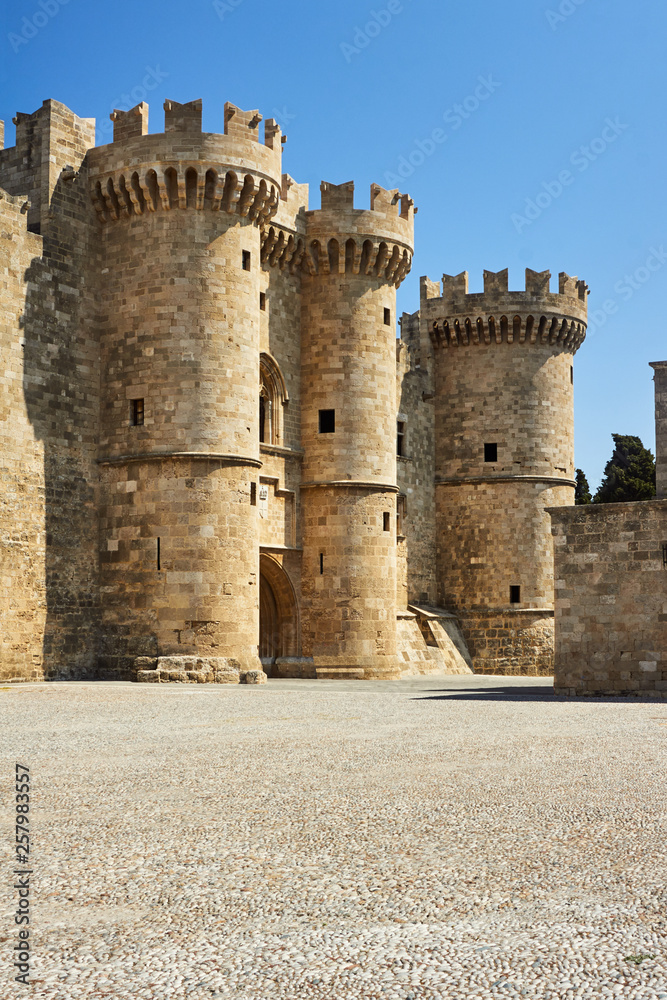 Towers and battlements of the Order of the Knights Castle in Rhodes, Greece.