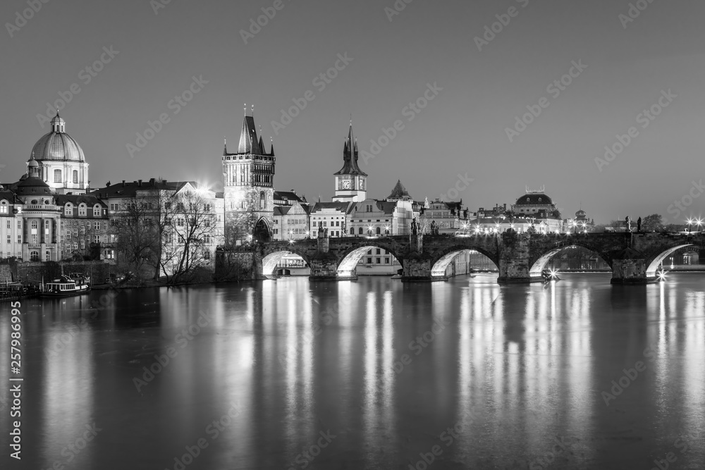 Scenic view Charles bridge and historical center of Prague, buildings and landmarks of old town at sunset, Prague, Czech Republic