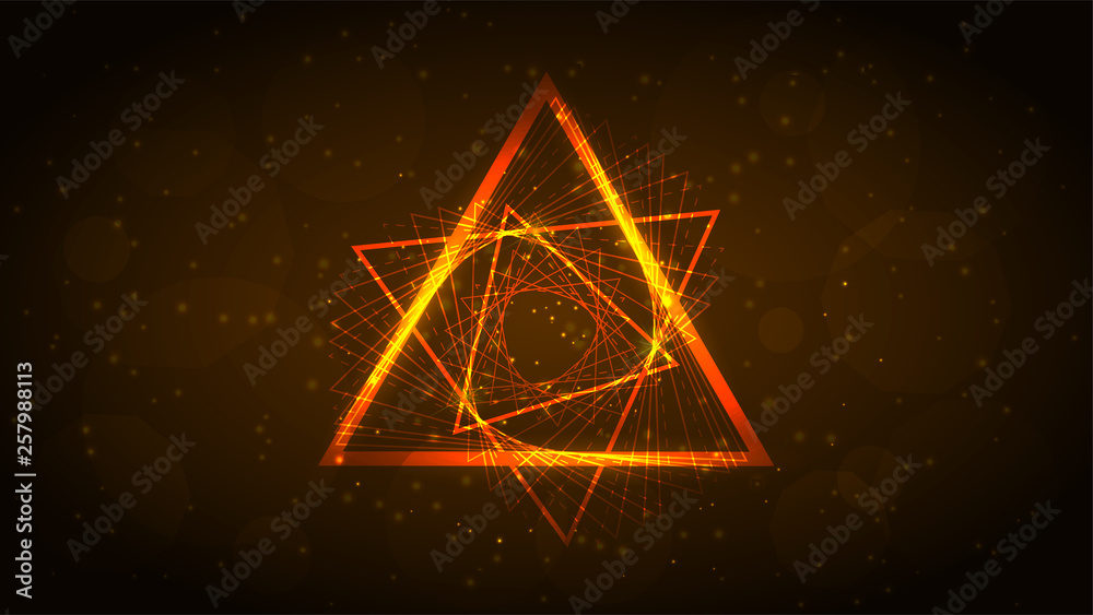 Orange neon triangle of interweaving lines with glitter and radiance ...