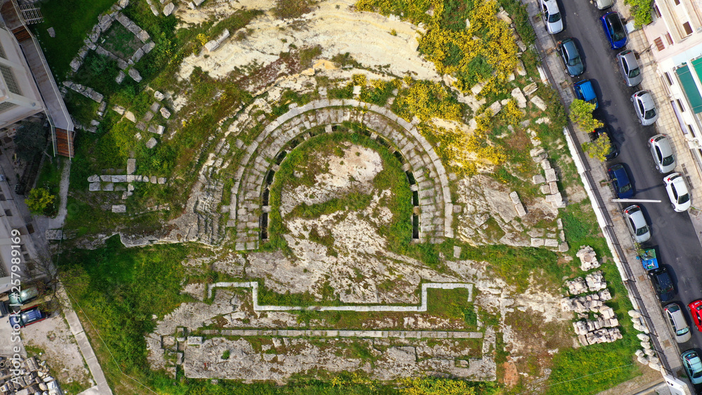 Aerial drone top view photo of ancient theatre in archaeological site near Marina Zeas of Piraeus port, Attica, Greece