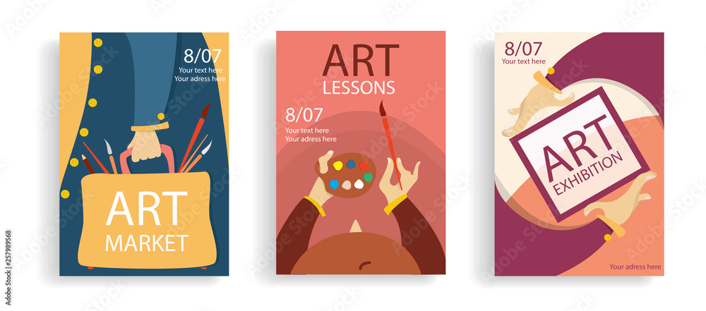 Set of art banners. Exhibition, art lessons ,market . concept . Cartoon hands with frame, bag with brushes and artists . Colourful flat posters. Vector