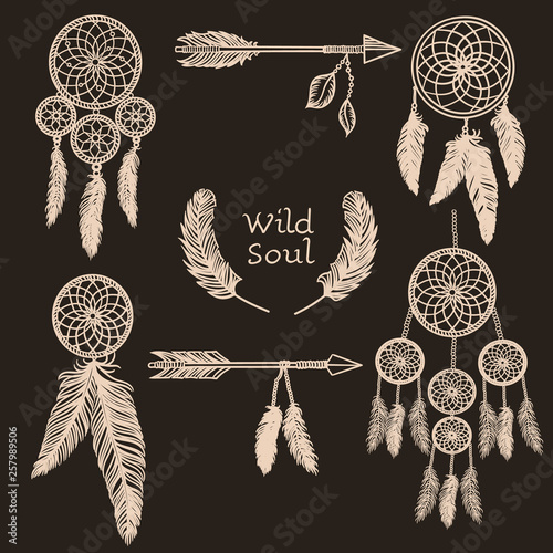 Boho style illustration with different dream catchers,  feathers and arrows.