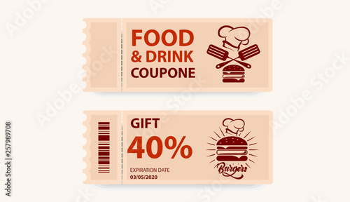 Coupon on food and drinks. Ticket card with gift. Vector