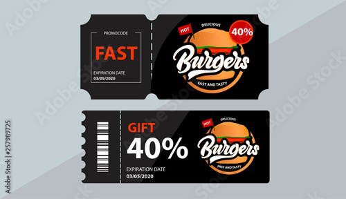 Burgers coupon . Gift cars with promo code. Sale. Vector.