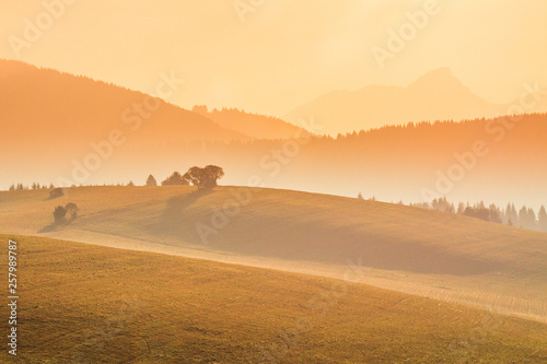 Autumn landscape, sunrise in a foggy morning, Slovakia, Europe.