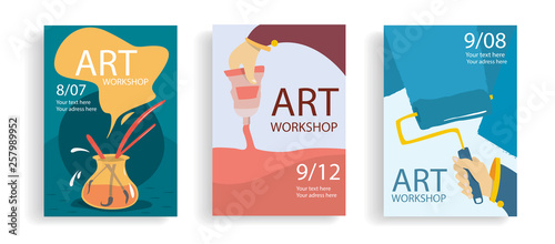 Set of art banners. Workshop, art lessons concept . Cartoon hands roller, hand with tube . Colourful flat posters. Vector
