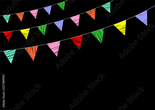 Hand drawn party multicolored flags on the black background