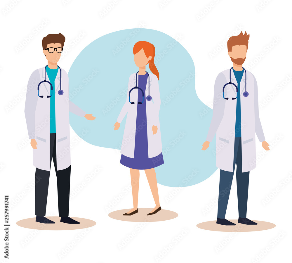 set professional woman and men doctors with stethoscope set professional woman and men doctors with stethoscope