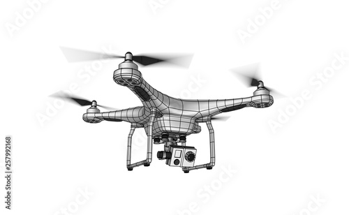 The image of a white metal quadcopter (air drone). Drone flying with action camera. Wire-frame style. 3D illustration. Isolated on white background.