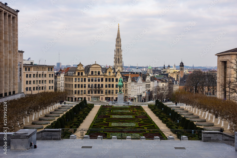 Mont des Arts Park and Town Hall tower, in the background in Brussels, Belgium