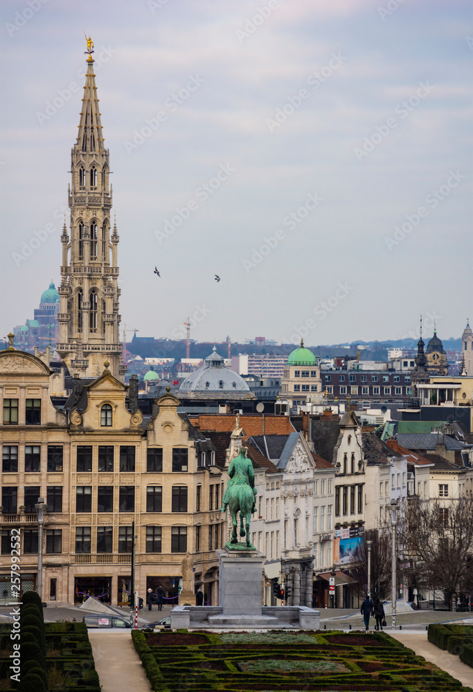 Fototapeta premium Mont des Arts Park and Town Hall tower, in the background in Brussels, Belgium