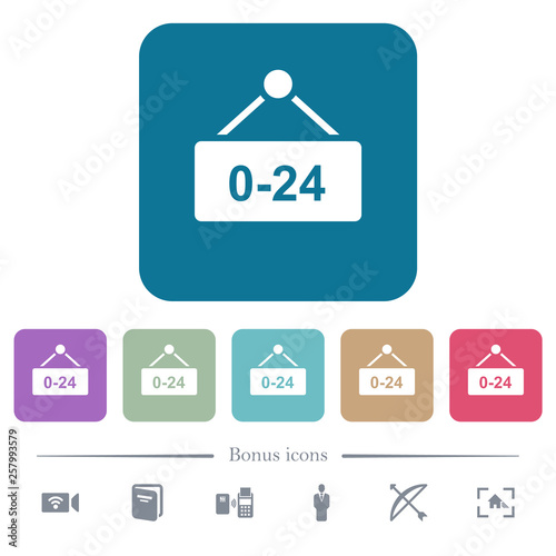 Hanging table with 24 hours flat icons on color rounded square backgrounds photo