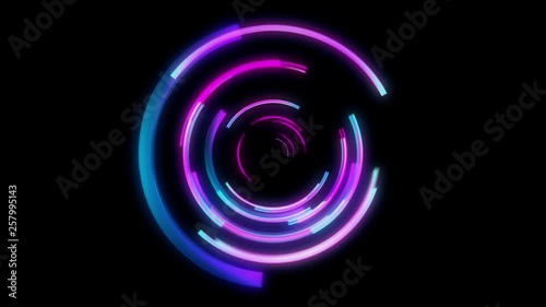 Glowing circular 3D UI element. Illuminated geometric circle and sphere shapes transforming in a seamless loop.