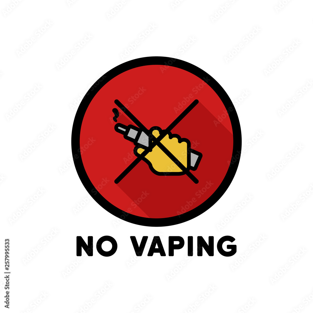 No Vaping or smoking long shadow round prohibition sign icon in flat cartoon style