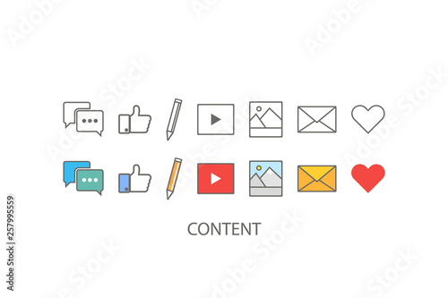 Content set. Marketing icon. Content icon in flat and linear style. vector