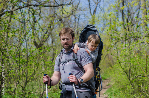 Man with kid walk or hike through the forest in early spring