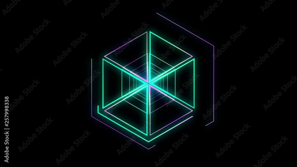 Glowing hexagonal 3D UI element. Illuminated geometric hexagon shapes transforming in a seamless loop. Glowing hexagonal 3D UI element. Illuminated geometric hexagon shapes transforming in a seamless loop.
