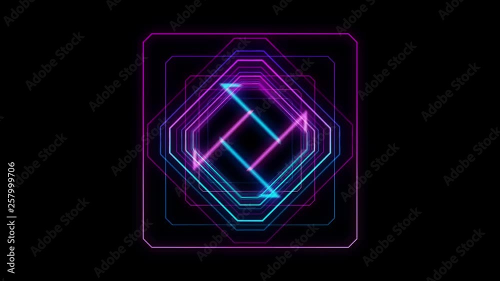 Glowing quadrilateral 3D UI elemen. Illuminated geometric square and quad shapes transforming in a seamless loop.