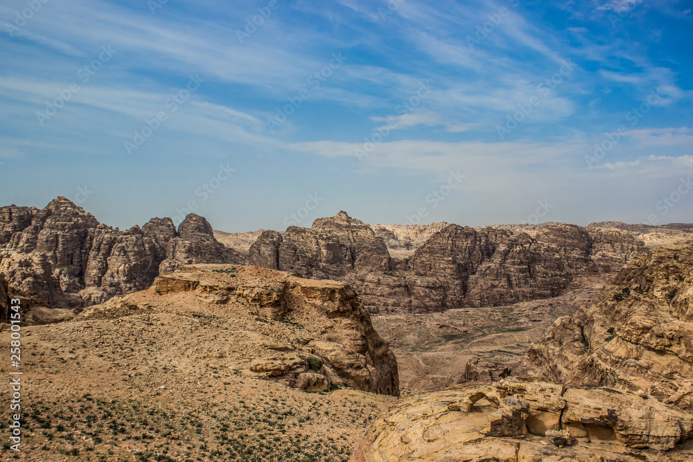 rocky highland dry bare mountains environment of Middle East Jordan country aerial desert landscape rocky highland dry bare mountains environment of Middle East Jordan country aerial desert landscape