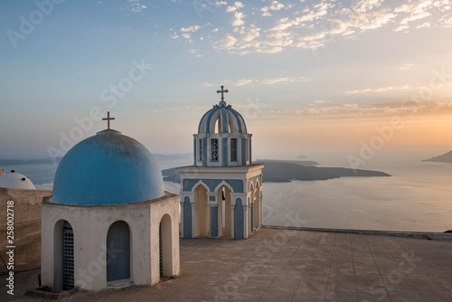 Blue dome and belfry, Firostefani, Santorini, Cyclades, Greece, Europe photo