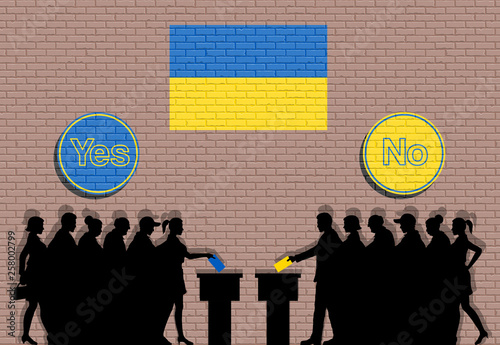 Ukrainian voters crowd silhouette in Ukraine election with yes and no signs graffiti