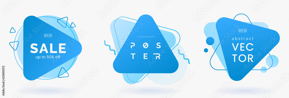 Set of abstract triangle banners with decorative elements. Blue badges collection. Abstract geometric shapes. Dynamic composition. Use for advertising, science poster, price tags. Vector eps 10.