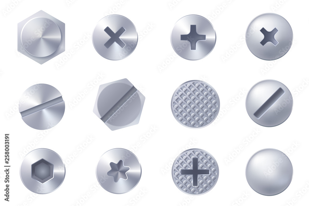 Set of metal screw heads isolated on white background. Collection of different heads of bolts, screws, nails, rivets. View from above. Decorative elements for your design. Vector eps 10. - obrazy, fototapety, plakaty 