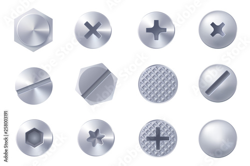 Set of metal screw heads isolated on white background. Collection of different heads of bolts, screws, nails, rivets. View from above. Decorative elements for your design. Vector eps 10. photo