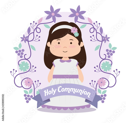 girl with dress and ribbon to first communion