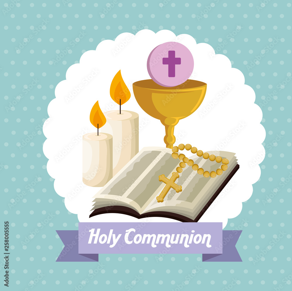 bible with chalice and host to first communion