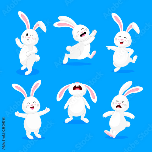 Set of white rabbits in different pose and expression. Happy Easter day, cartoon character design. Vector illustration isolated on blue background.