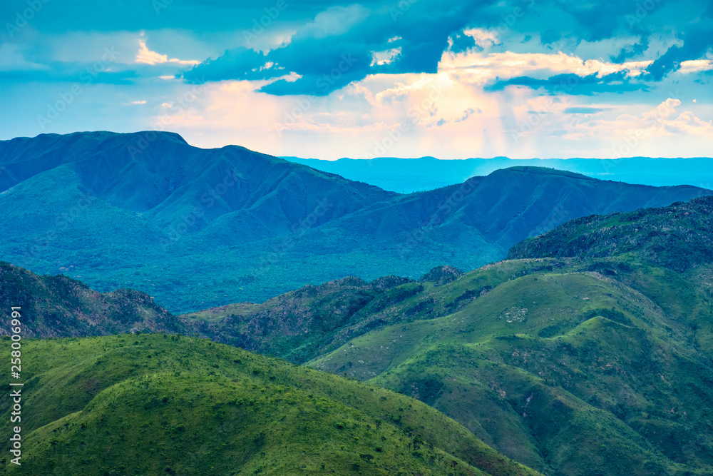 Rock formations and vegetation between the mountains and valleys of Nova Lima in the state of Minas Gerais, Brazil