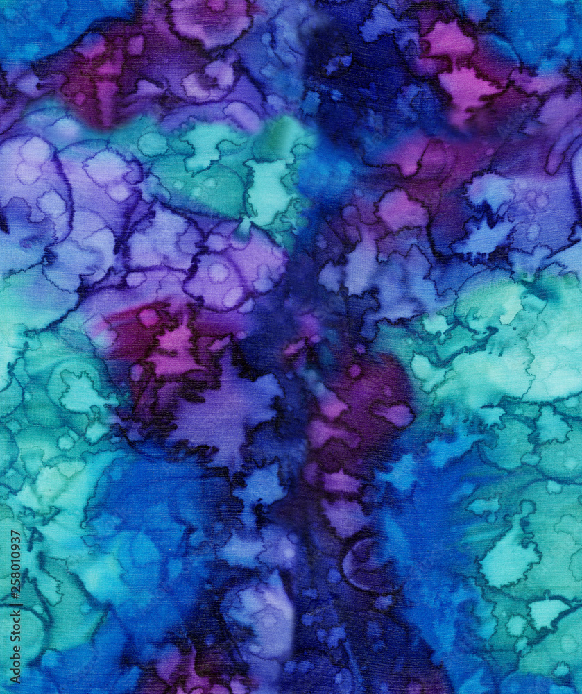 Blue and purple abstract hand painted silk fabric with irregular spots and dots