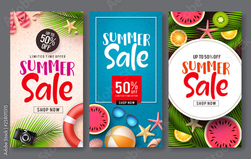 Summer sale vector poster set. Summer sale discount text with beach elements like tropical fruits and beach ball in for seasonal promotion. Vector illustration.