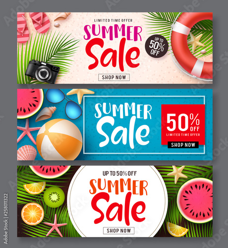 Summer sale vector banner set. Summer sale discount text in colorful backgrounds with beach elements like tropical fruits and beach ball for seasonal promotion. Vector illustration.