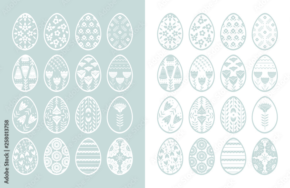 Set of Easter eggs with floral and plant ornamental. Folk style collection, laconic vector graphic Scandinavian style. Pink color. For holiday celebration design