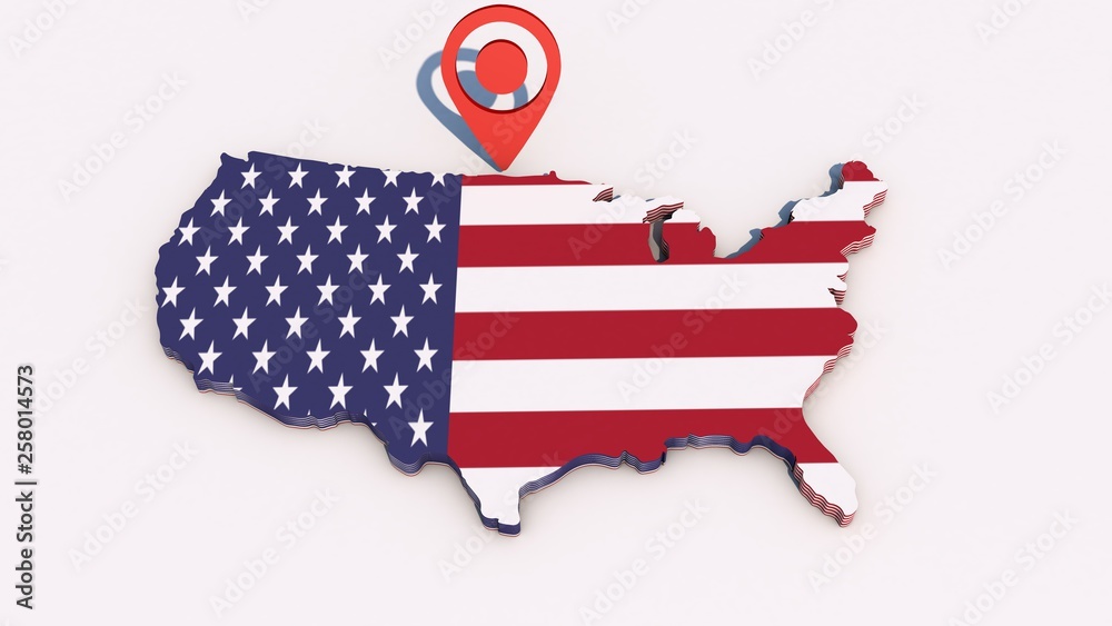 3d map flag of USA with location mark