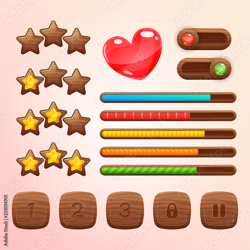 Cartoon wooden game assets, kit for game ui development, vector gui elements in wooden frame. Set of different elements for game: progress bar, slider, stars, levels, pause.