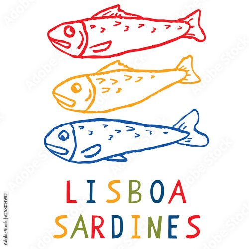 Sardine motif clipart with Lisbon text. Grilled fishes symbol for St Antonio traditional portugese food festival. June Portugal party . Atlantic blue ocean animal. Isolated fishing icon lettering