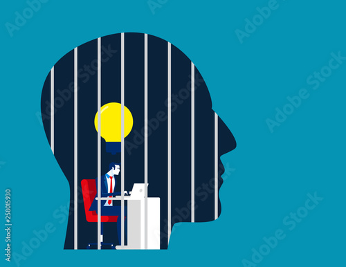Businessman is locked in the head. Concept business vector illustration, Prison, No Freedom.