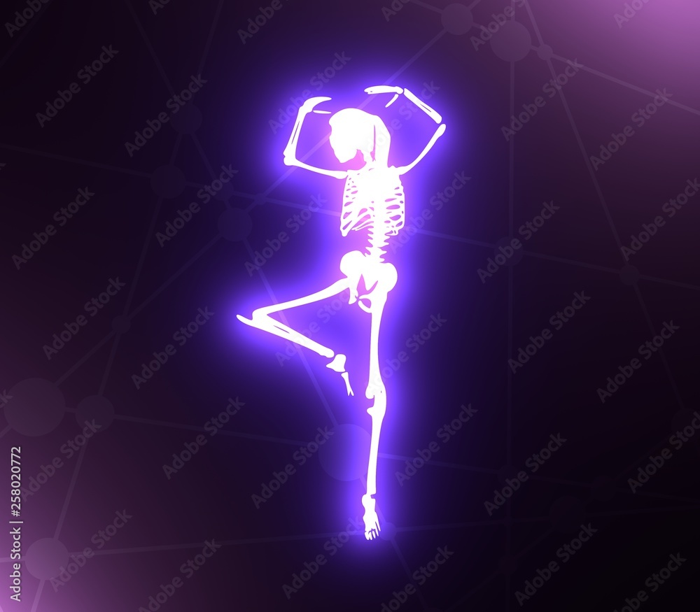Human skeleton dancing. Halloween party design template. 3D rendering
