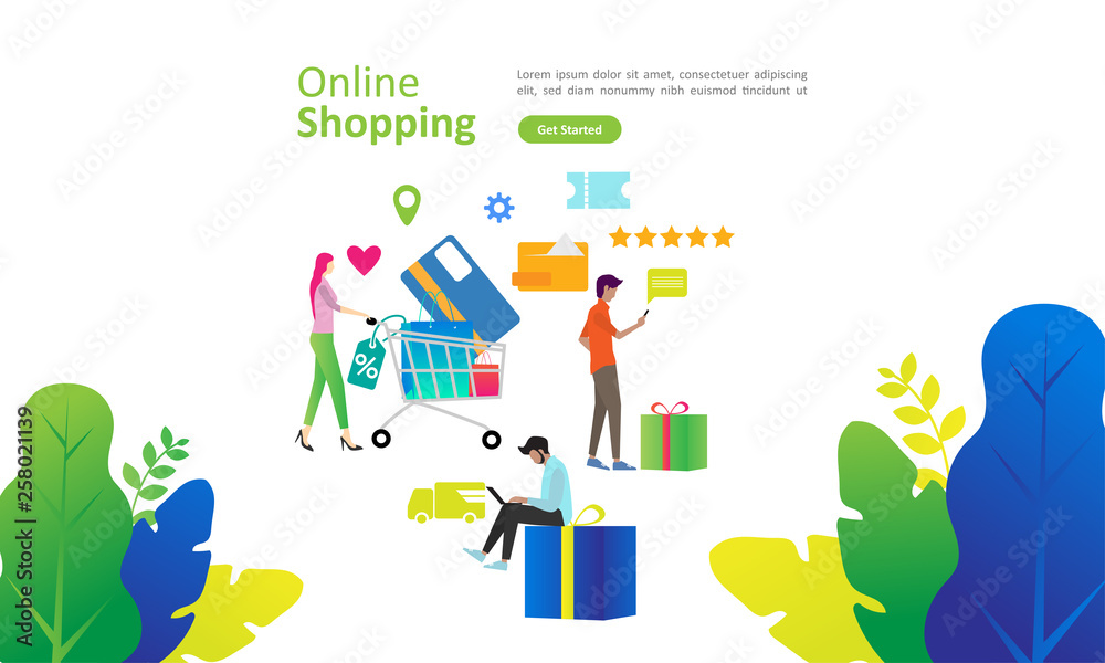 Online Shopping and Business concept for e-Commerce with shopping people activities. Suitable for web landing page, ui, mobile app, banner template. Vector Illustration Online Shopping and Business concept for e-Commerce with shopping people activities. Suitable for web landing page, ui, mobile app, banner template. Vector Illustration