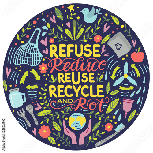 Zero waste concept, recycle and reuse, reduce - ecological lifestyle, set with lettering