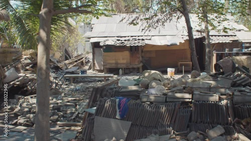 Wide shot of the signs of the destruction provoked by a big earthquake, in Gili Island, Indonesia. photo