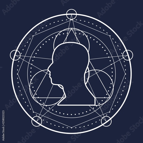 Mystical geometry symbol. Linear alchemy, occult, philosophical sign. For music album cover, poster, sacramental design. Astrology and religion concept. Outline silhouette of human head