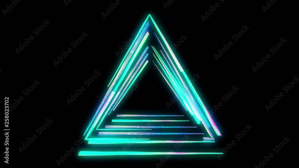 Glowing triangular 3D UI element. Illuminated geometric triangle and pyramid shapes transforming in a seamless loop.