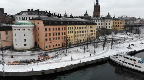 Stockholm from air in winter. Riddarholmskyrkan, Birger Jarls Torn, Gamla Stan area. photo