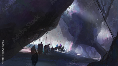 A group of people walking in a strange environment, digital illustration.